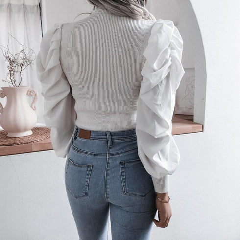 Blouse Women Puff Sleeve Knit Tops Streetwear T Shirt - ROUTINE FASHION